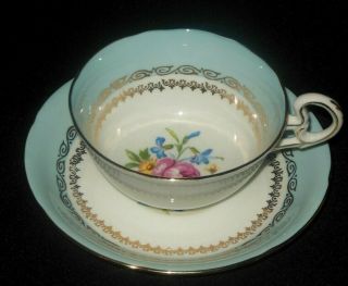 Royal Grafton Blue Tea Cup Saucer Set Gold Design Assorted Flowers