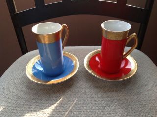 Vintage Japan Fine China Tall Espresso Coffee Cups &saucers Blue/red Gold Trim