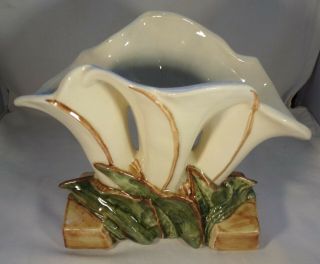 Vintage 1950 Mccoy Triple Calla Lily Vase Cream & Green 7 " Tall No Chips Crazed