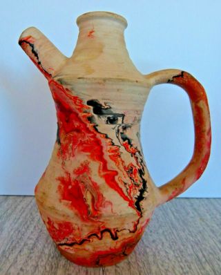 Vtg Nemadji Art Pottery Clay Pitcher Jug W/handle & Spout Orange Brown Black