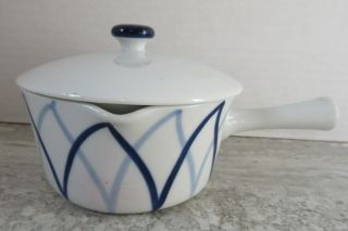 Old Mid Century Modern Lyngby Porcelain Danmark Blue White Covered Dish W/handle