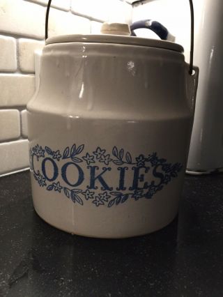 Monmouth Stoneware Pottery Cookie Jar With Metal Handle - Stone Gray With Blue