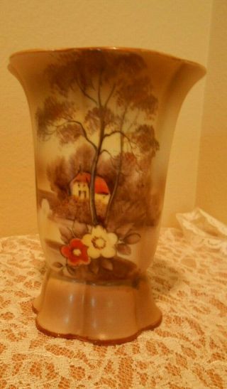 Vintage Noritake Footed Fan Vase Meadow/house/tree/flowrer