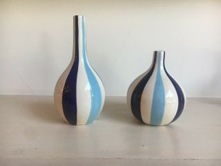 Jonathan Adler Happy Home Blue White Stripes 2 Piece Vase 2003 Pottery