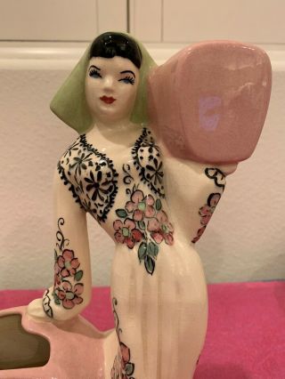 Pretty Pink & Green 1940s Weil Ware California Figurines Lady Double Vase 11 "