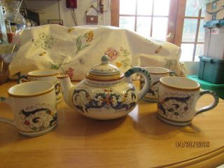 Maioliche Il Bargello Hand Painted Tea Pot & 4 Cup Set Made In Florence Italy