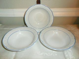 3 Vina Fera 6 3/4 Inch Soup / Cereal Bowls White Lattice Trim Blue Stripes Japan