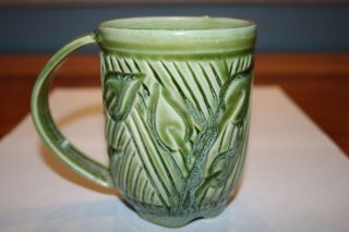 Handmade Studio Clay Pottery Coffee Tea Mug Green Leaves Signed