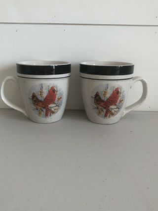 2 Folk Craft stoneware CARDINAL mugs coffee cups by Scottie Z 4 1/2 