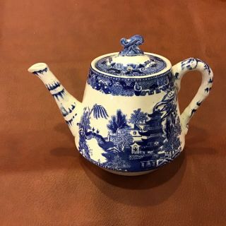 Antique Earthenware Blue Willow Semi China Tea Pot By Ridgways 4 1/2”