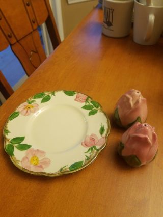 Franciscan Desert Rose Pink Rosebud Salt & Pepper Shakers & Dessert Plate