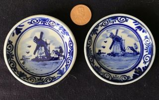 Pair 2 - 1/4” Delft Blue Butter Pats Or Salt Dishes,  Handpainted