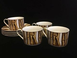 Vintage Nicole Miller Sakura White Bamboo Coffee/ Tea Cup & Saucer Set Of 4