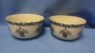 2 Folk Craft By Tienshan 5 3/4 " Green Sponge Rim Pine Cone Soup Cereal Bowls