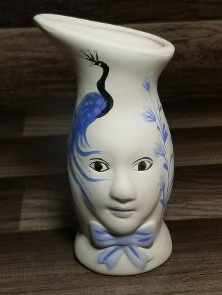 Unique Unglazed Studio Pottery 2d Face Vase With Blue Peacock Design
