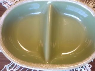 Vintage Hull Hp Co Pottery Avocado Green Drip Divided Serving Dish (1)