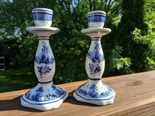 Set Of 2 Vintage Signed Delfts Holland Candlesticks Blue And White Porcelain