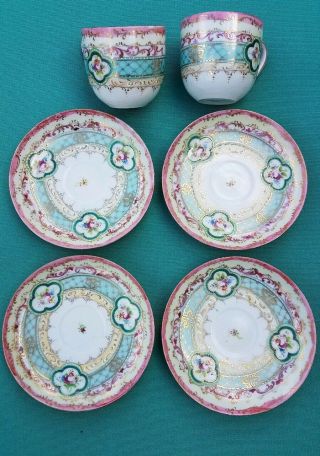 ANTIQUE JAPANESE VICTORIAN PORCELAIN CUP AND SAUCER NIPPON 6 pc ALL SIGNED 2