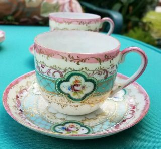 ANTIQUE JAPANESE VICTORIAN PORCELAIN CUP AND SAUCER NIPPON 6 pc ALL SIGNED 4