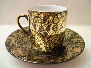 Tiger Yedi Inc Japan Black & Gold Floral Print Porcelain Demitasse Cup Saucer