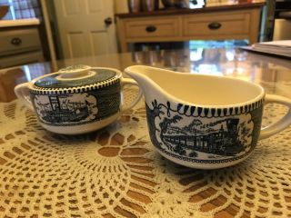 Vintage Currie And Ives Lidded Sugar And Creamer Set
