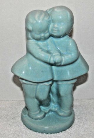 Vintage Boy & Girl Holding Hands Ceramic Pottery Teal Blue Vase Planter