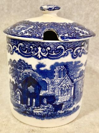 Vintage Blue White Porcelain Sugar Bowl / Jar / Tea Caddy With Lid
