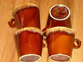 Set 4 Vtg Hull Pottery Usa Brown Drip 10 Oz Coffee Cups / Mugs Round Handle Vguc