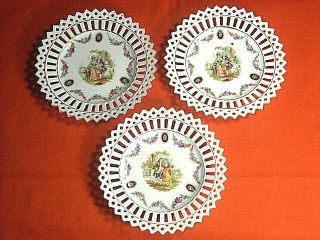 Set Of (3) Reticulated 1920s 5 1/2 " Plates Diamond Edges Courting Couple Germany