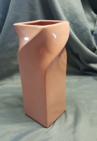 Vintage Studio Art Hand Crafted White Clay Pottery Square Pink Vase Twisted Top