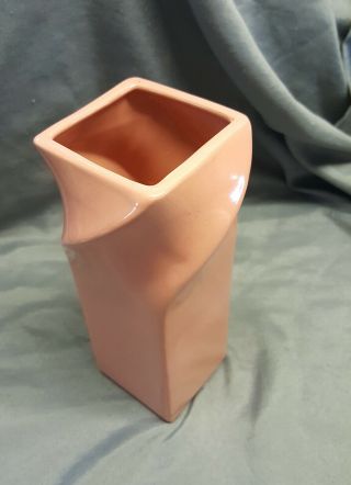 Vintage Studio Art Hand Crafted White Clay Pottery Square Pink Vase Twisted Top 4