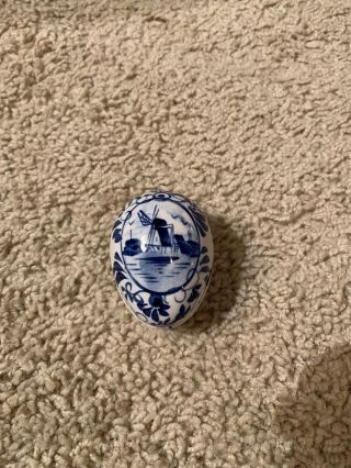 Delft Blue Oval Egg Shape Trinket Box Lid Porcelain Holland Hand Painted Dutch