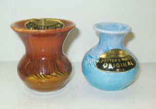 Vintage Usa Dryden Pottery Toothpick Holder Set Blue And Brown Design Nr