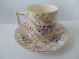 James Kent Longton Porcelain Tea Cup Saucer Purple Floral Gold