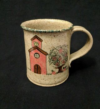 Vtg Three Rivers Pottery Mug Schoolhouse & Apple Tree Hand Crafted Tea Coffee