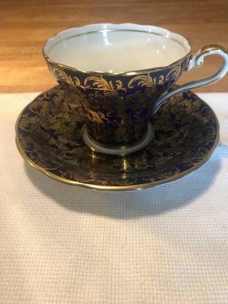 Vintage Aynsley England Bone China Tea Cup And Saucer Blue With Gold Trim C869