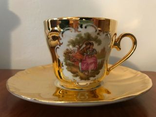 Bavaria Germany Courting Couple Tea Cup & Saucer Gold 22k