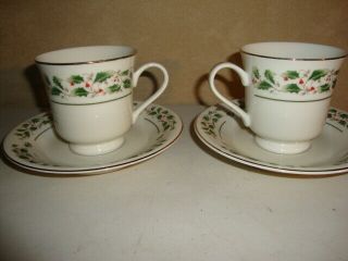 2 - Share The Joy Christmas Fine China Tea Cups And Saucers Holly Berries Japan