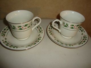 2 - Share The Joy Christmas Fine China Tea Cups And Saucers Holly Berries Japan 3