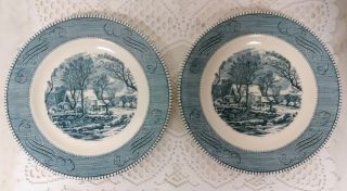 Currier And Ives Blue The Old Grist Mill Dinner Plate 9 " Vintage (set Of 2)
