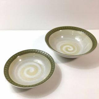 2 Casual Ceram Vista Bowls - 1 Cereal 1 Dessert Green Rim Swirl Center Japan 3