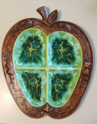 Midcentury Treasure Craft Large Apple Shape Turq.  & Green Divided Tray Relish