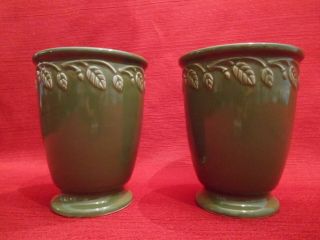 Longaberger Green Garden Vases 5 Inches Tall With Leaf Border Set Of 2