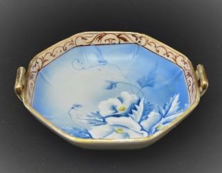 Antique Hand Painted Nippon 2 - Handled Dish Bowl Floral Blue