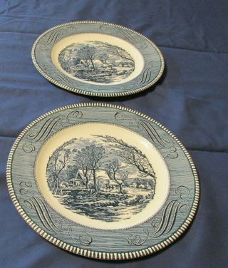 Set Of 2 Blue And White Currier And Ives Dinner Plates The Old Grist Mill