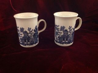 Vintage Churchill Blue Willow Set Of 2 Coffee Tea Cups Mug Made In England 4 " Ta