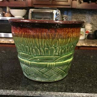 Antique American Art Pottery Green Blended Brown Flower Pot Planter Jardiniere