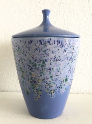Mcm Vtg Canister Jar Lid Ceramic Blue Green Yellow Speckled Kitchen Home Decor