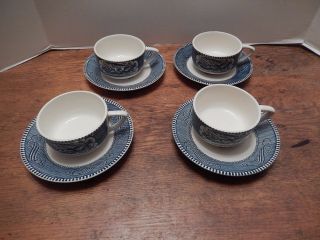 Set Of 4 Vintage Currier And Ives Coffee Cup & Saucer Set By Royal China