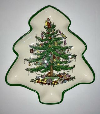 Spode Christmas Tree Shaped Plate Serving Tray Dish England Green Trim Holiday
